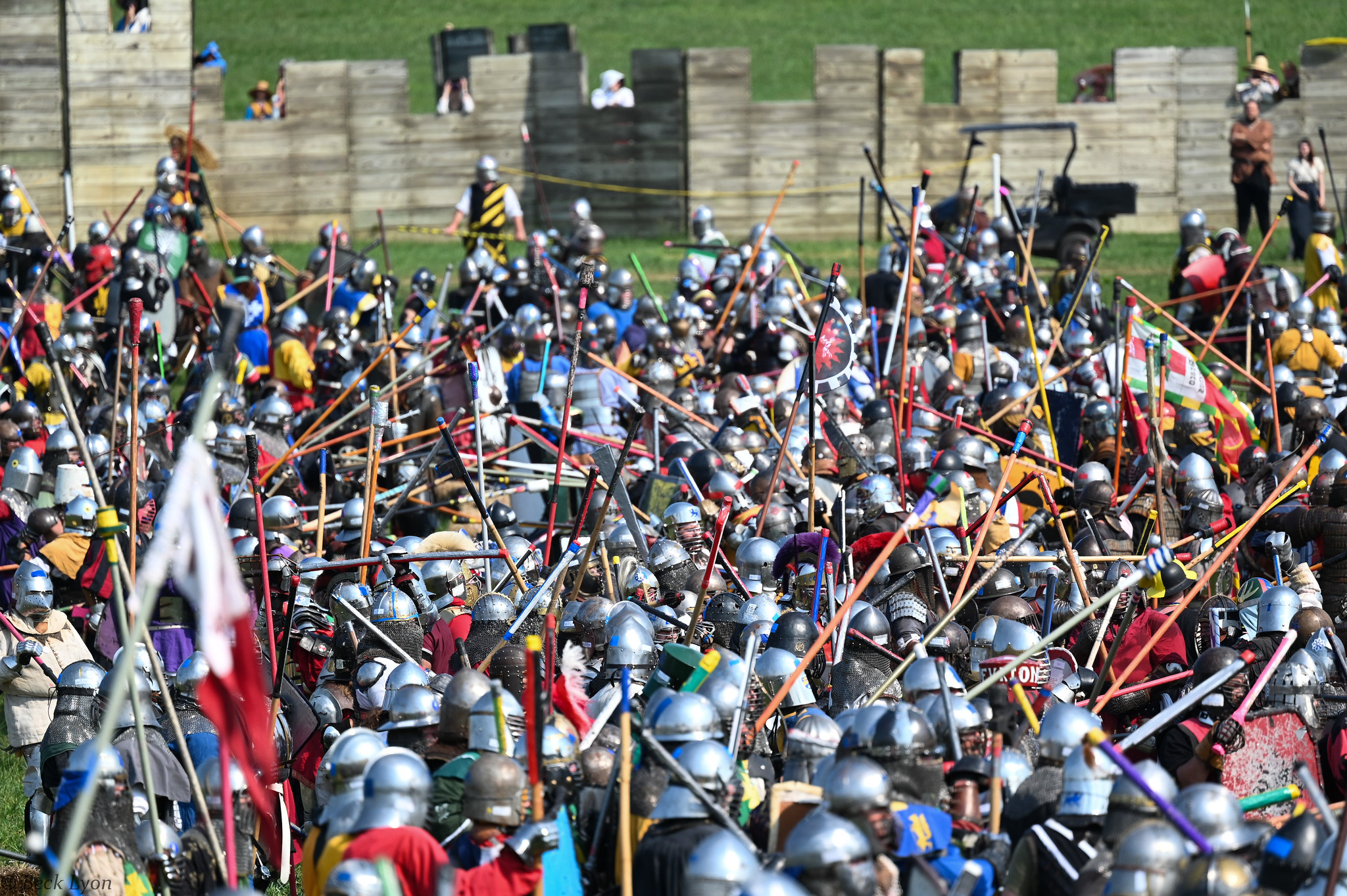 Hundreds of armored fighters clash in the Pennsic War 2024 field battle